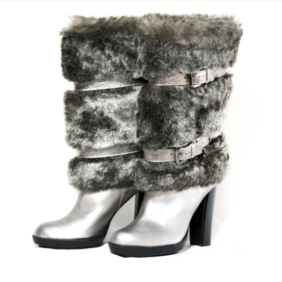 WOMENS MICHAEL KORS GUNMETAL SILVER CARLIE FUR BOOTS SIZE 8.5 - Picture 2 of 9